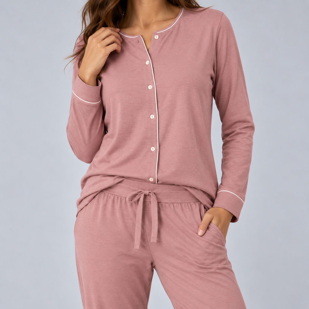 Set pigiama da donna in maglia elasticizzata di bambù con camicia a maniche lunghe e pantaloni