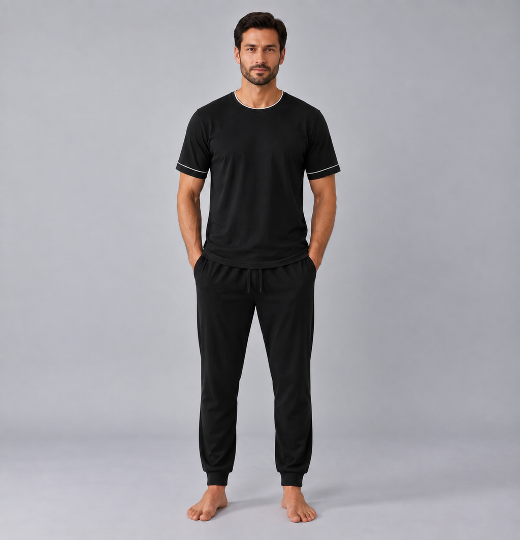 Set pigiama da uomo con T-shirt e pantaloni in maglia elasticizzata di bambù