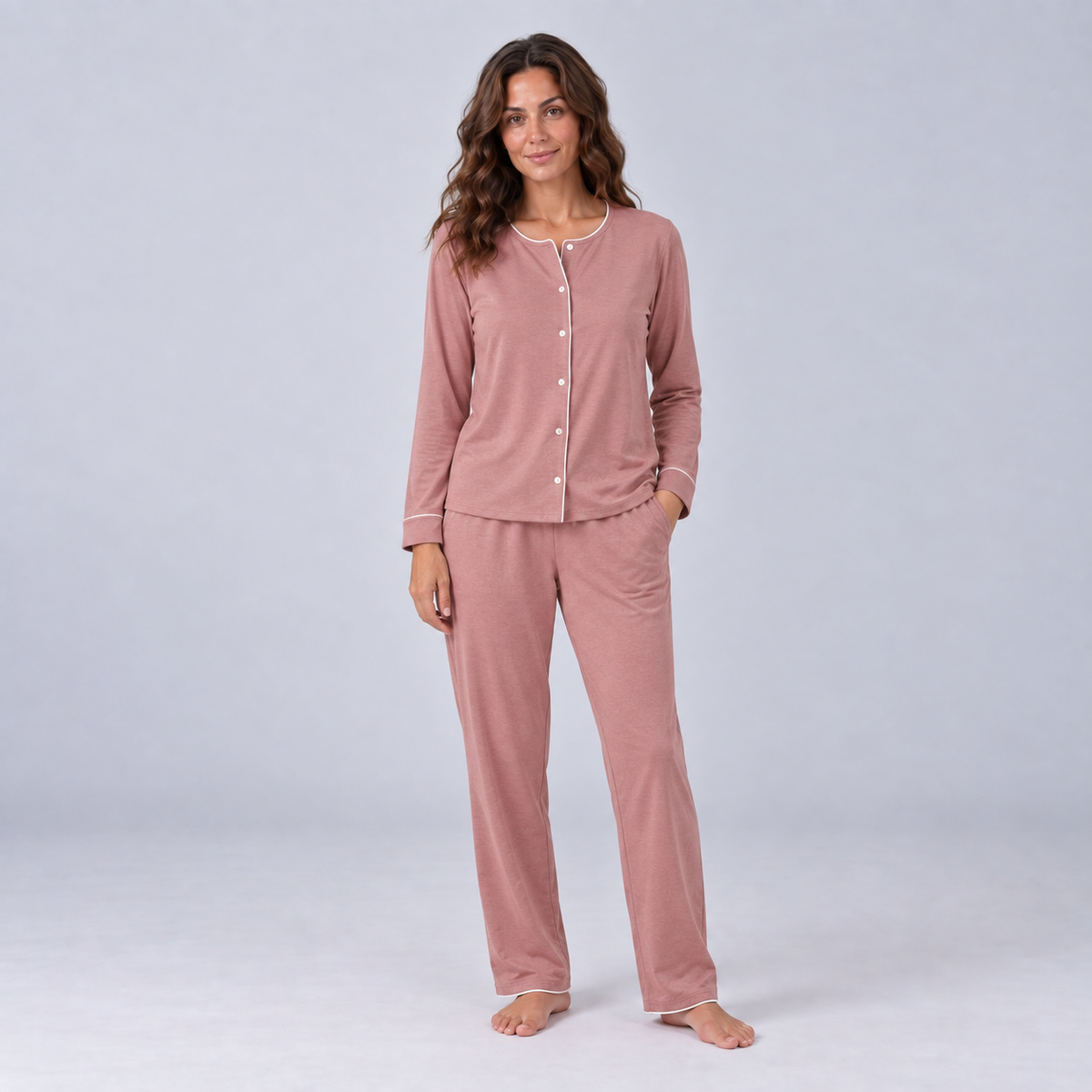 Set pigiama da donna in maglia elasticizzata di bambù con camicia a maniche lunghe e pantaloni