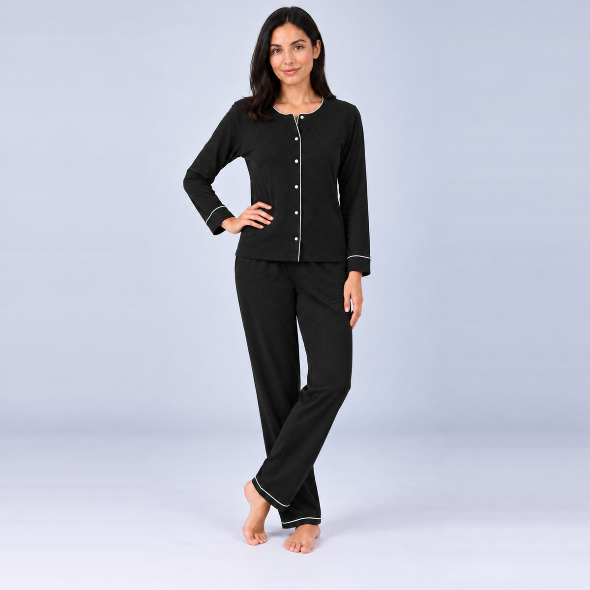 Set pigiama da donna in maglia elasticizzata di bambù con camicia a maniche lunghe e pantaloni