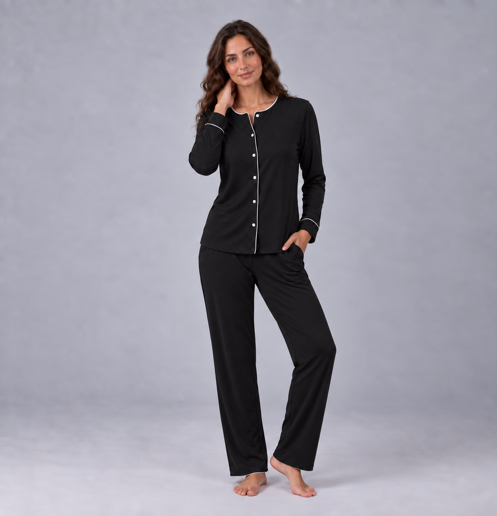 Set pigiama da donna in maglia elasticizzata di bambù con camicia a maniche lunghe e pantaloni